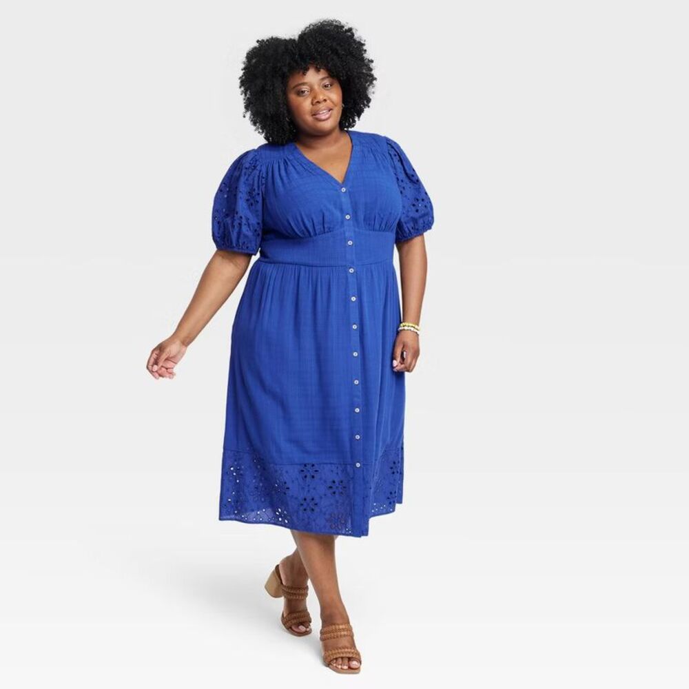 Knox Rose - Knox Rose Women's Short Puff Sleeve Eyelet Midi Dr Royal Blue
